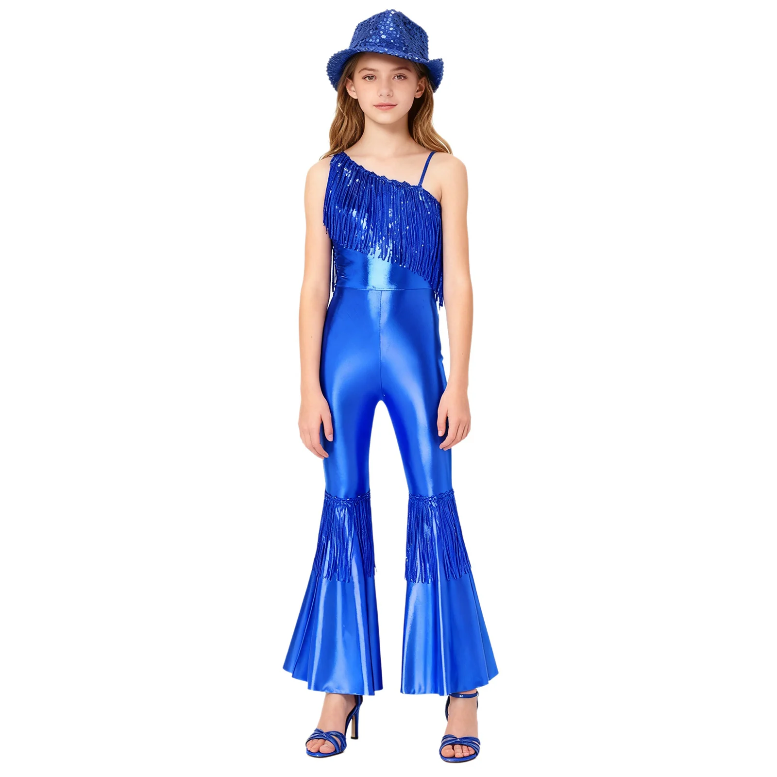 Fantasia de dança jazz discoteca para meninas, 2 peças, sem mangas, lantejoulas, borlas, cintura alta, macacão queimado com chapéu fedora para festa de concurso