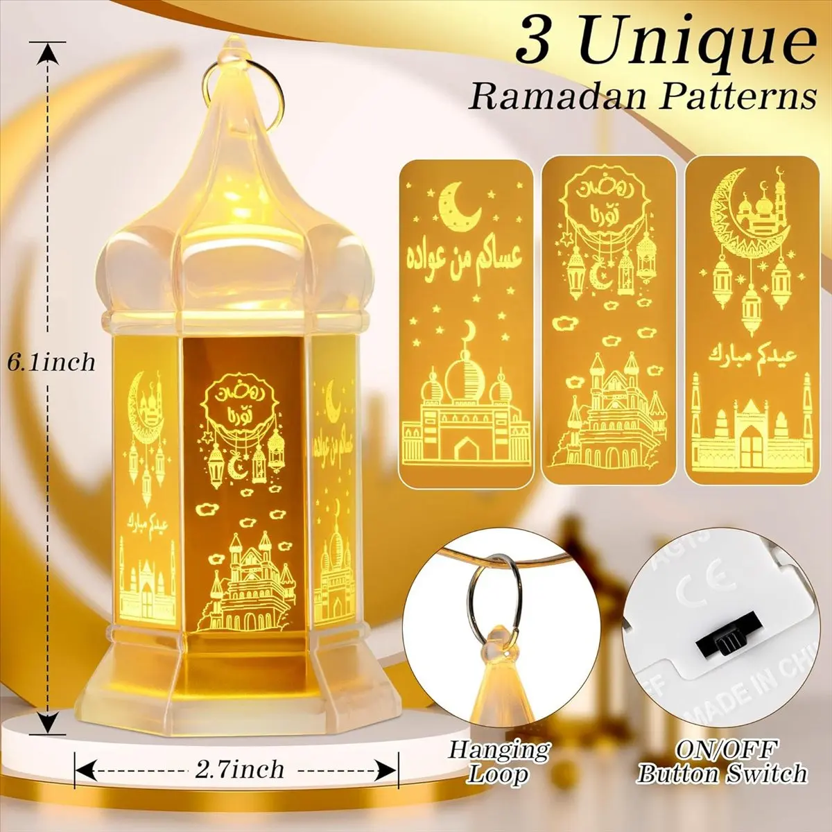 AB45 6 Pcs Ramadan Candle Lantern Lights, 6.1 Inch Gold Mini Lantern Lights , Mubarak Hanging Lanterns Decorative Lights