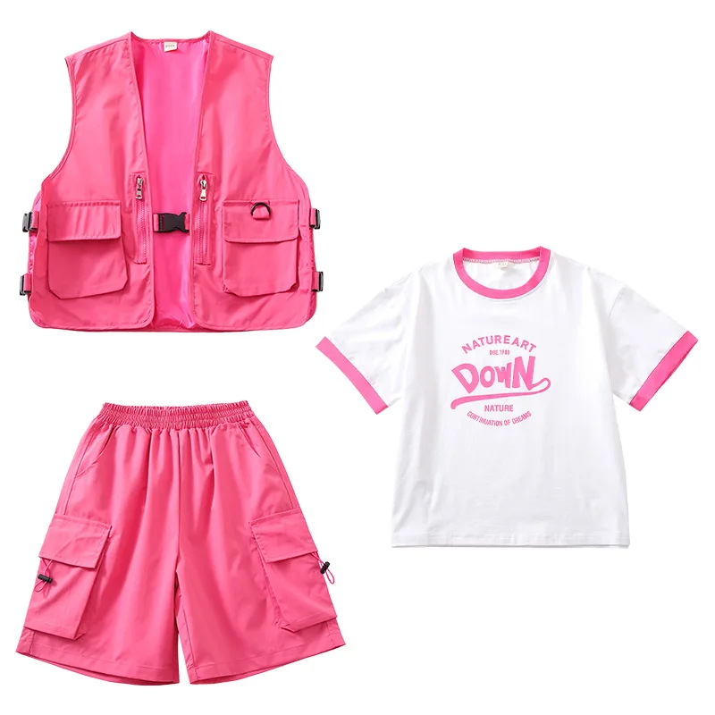 Kid Hiphop Kleding Rose Mouwloos Jasje Vest Top T-Shirt Casual Zomer Cargo Shorts Voor Meisjes Jazz Dans Kostuum Kleding