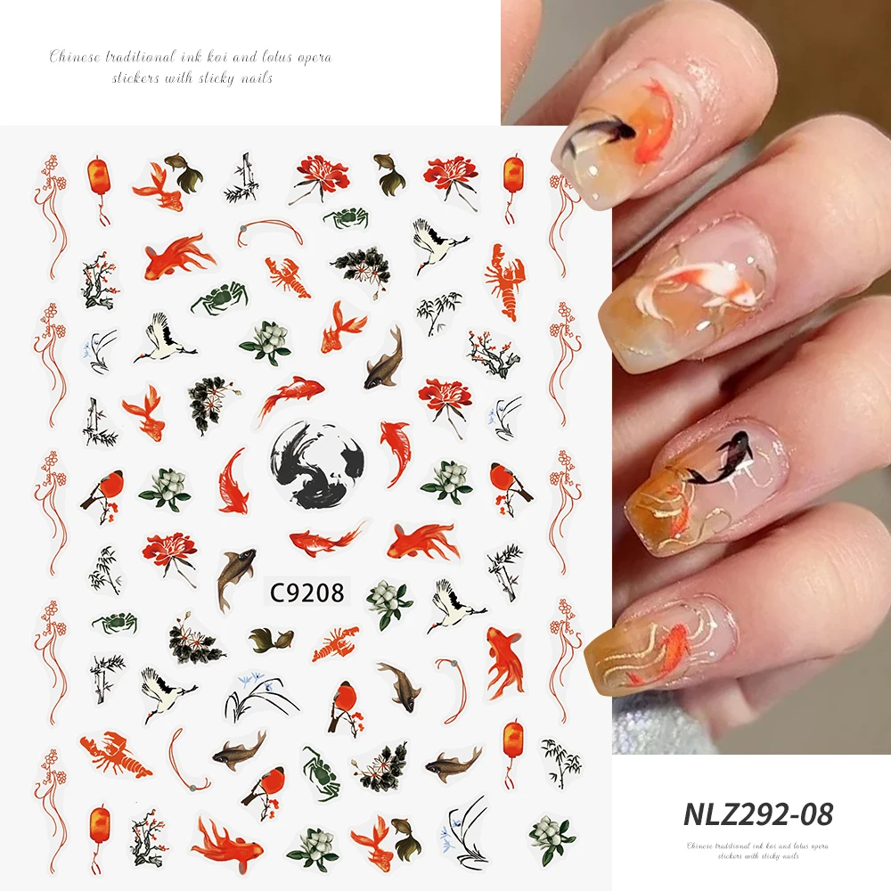 3D Lucky Koi Carp Nail Sticker Gold Fish Lotus Chinese Style New Year Adhesive Nail Design Scape Watercolor Manicure Foils Decal