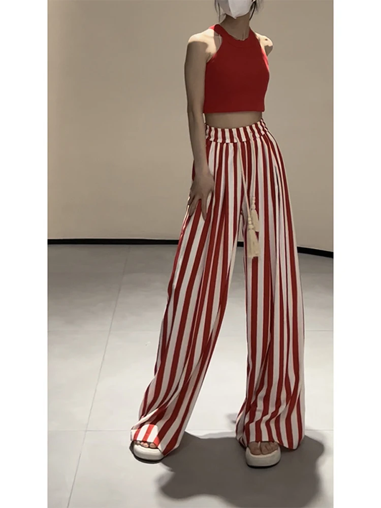 Casual Retro Striped Print High Waist Wide Leg Pants Women\'s Fashion Loose Vintage Soft Full Length Trousers 2024 Summer