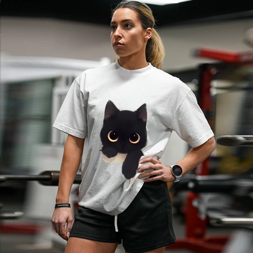 

Мужская футболка с рисунком в стиле Y2K, черный цвет, рисунок Catchy Black Cat, свободная посадка для сеансов в тренажерном зале и повседневная графика для прогулок