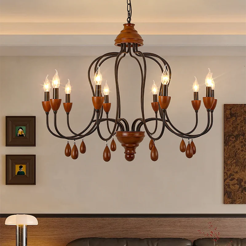 

2025 new medieval retro American country living room chandelier walnut color dining room bedroom light simple French light