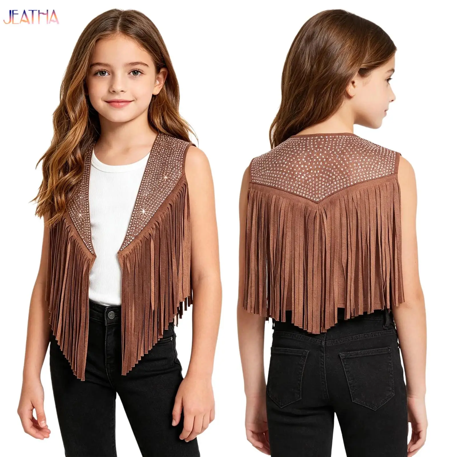 Girls Boys Western Cowboy Cowgirl Vest Tassels Fringe Rhinestoned Sleeveless Open Front Waistcoat for Halloween Dress up Costume