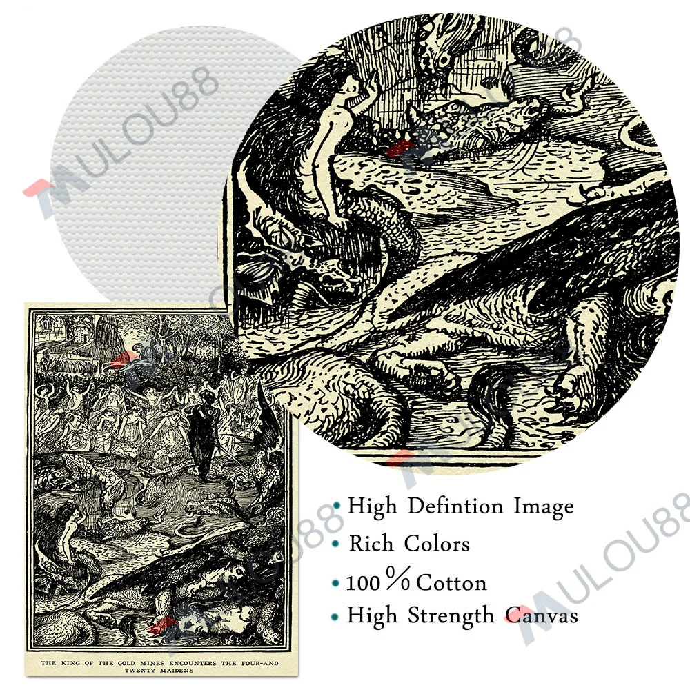 Ancient Fairy Tale Picture Books Vintage Wall Art Canvas Painting Four-And Twenty Maidens,Headless Dwarf,Art Poster Print Decor