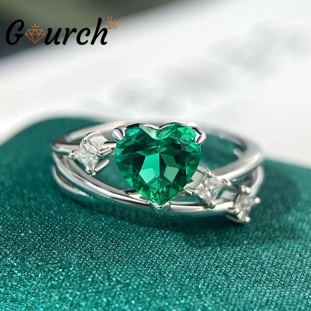 

Gourch 1CT 6.5mm Heart Cut Moissanite Rings 100% S925 Sterling Silver Lab Grown Colombian Emerald Ring for Women Wedding Party