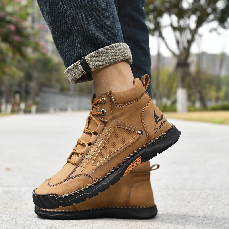 Men's Leather Ankle Boots Outdoor Casual Boots Vintage Soft Sneakers Flat Lace-up Boots Handmade Large Size Mens Shoes Botines image 2