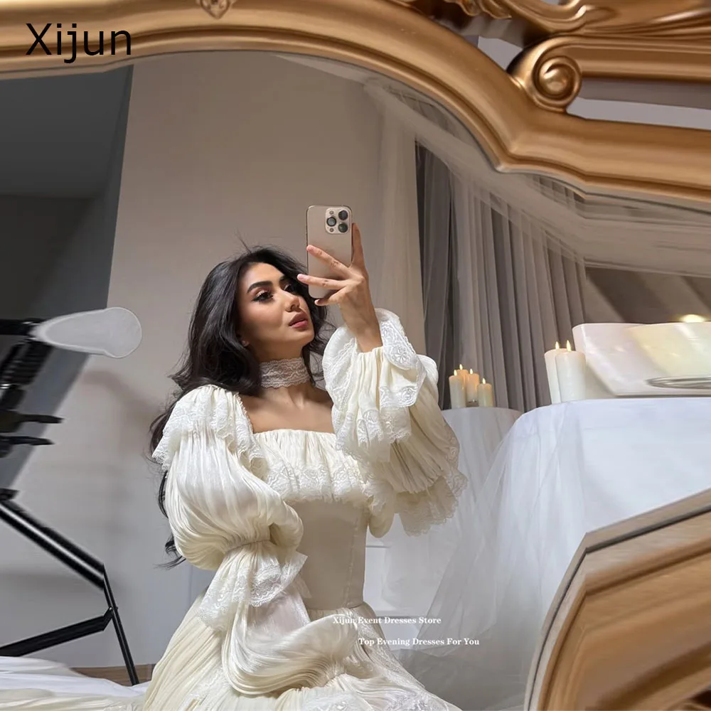 Xijun Princess Ivory Lange Abendkleider, quadratischer Kragen, Puffärmel, formelle Ballkleider, A-Linie, Geburtstagsparty-Kleider, individuell gestaltet