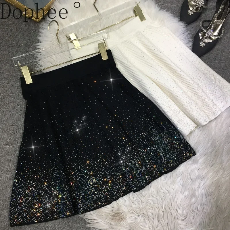 Sparkling Hot Drilling Knitting Short Skirts Women All-match Boots Autumn Winter Umbrella Skirt Elastic High Waist Knitted Skirt