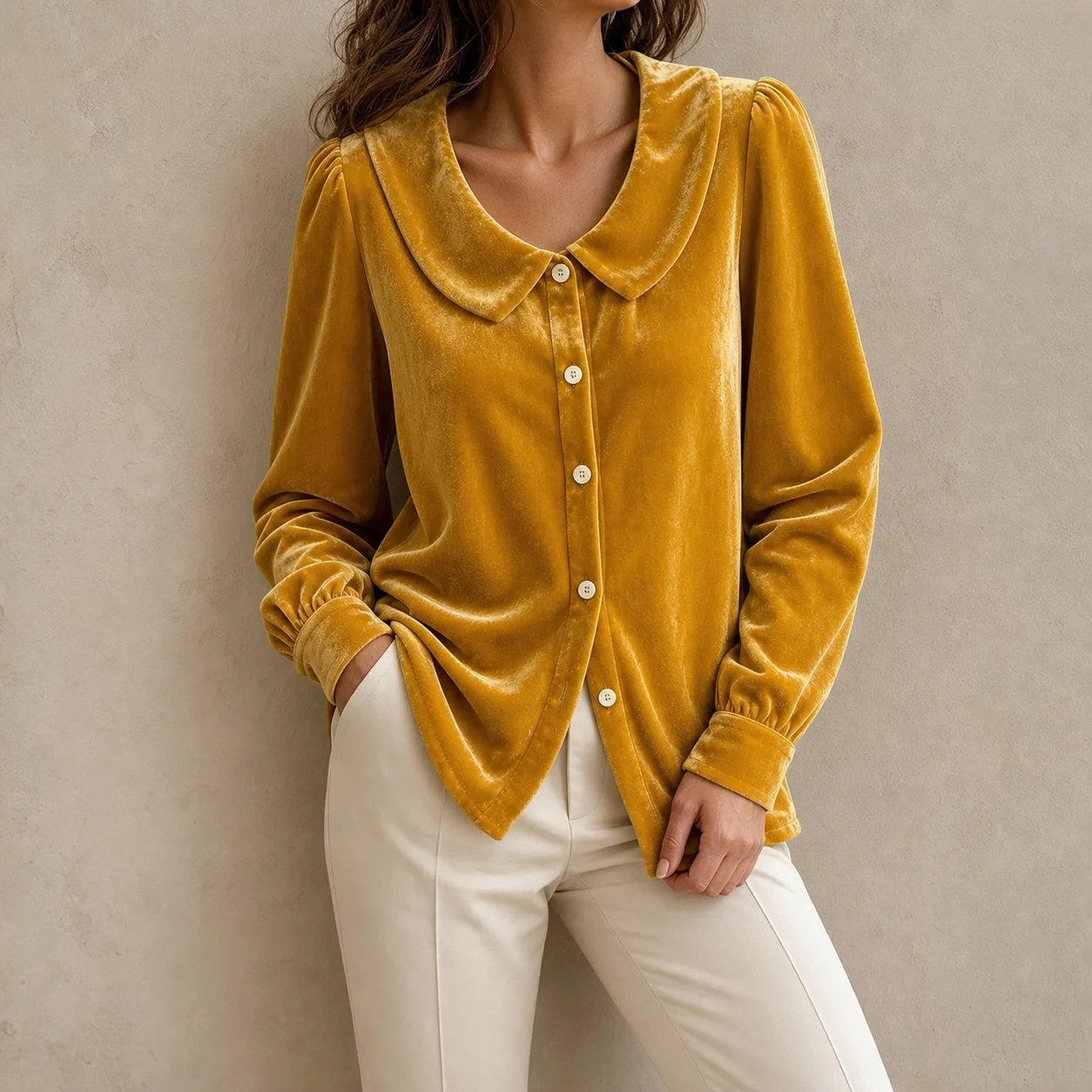 Women's Regular Fit Velvet Blouse with Turn Down Collar Solid Color Mid Length Single Breasted Knit Tops for Women in Mustard
