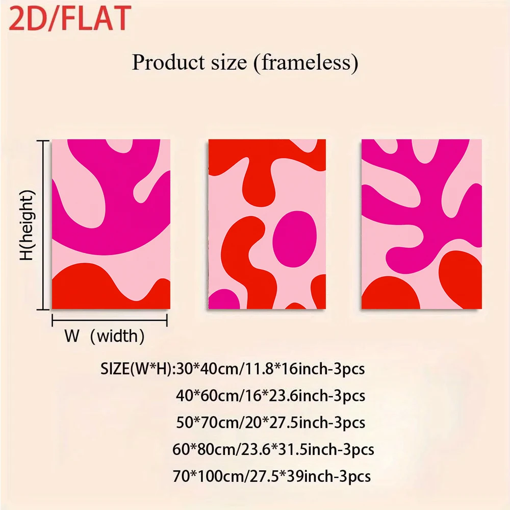 One set of modern abstract art triptych without frames, featuring minimalist geometric pink and red tones in a 2D plane.