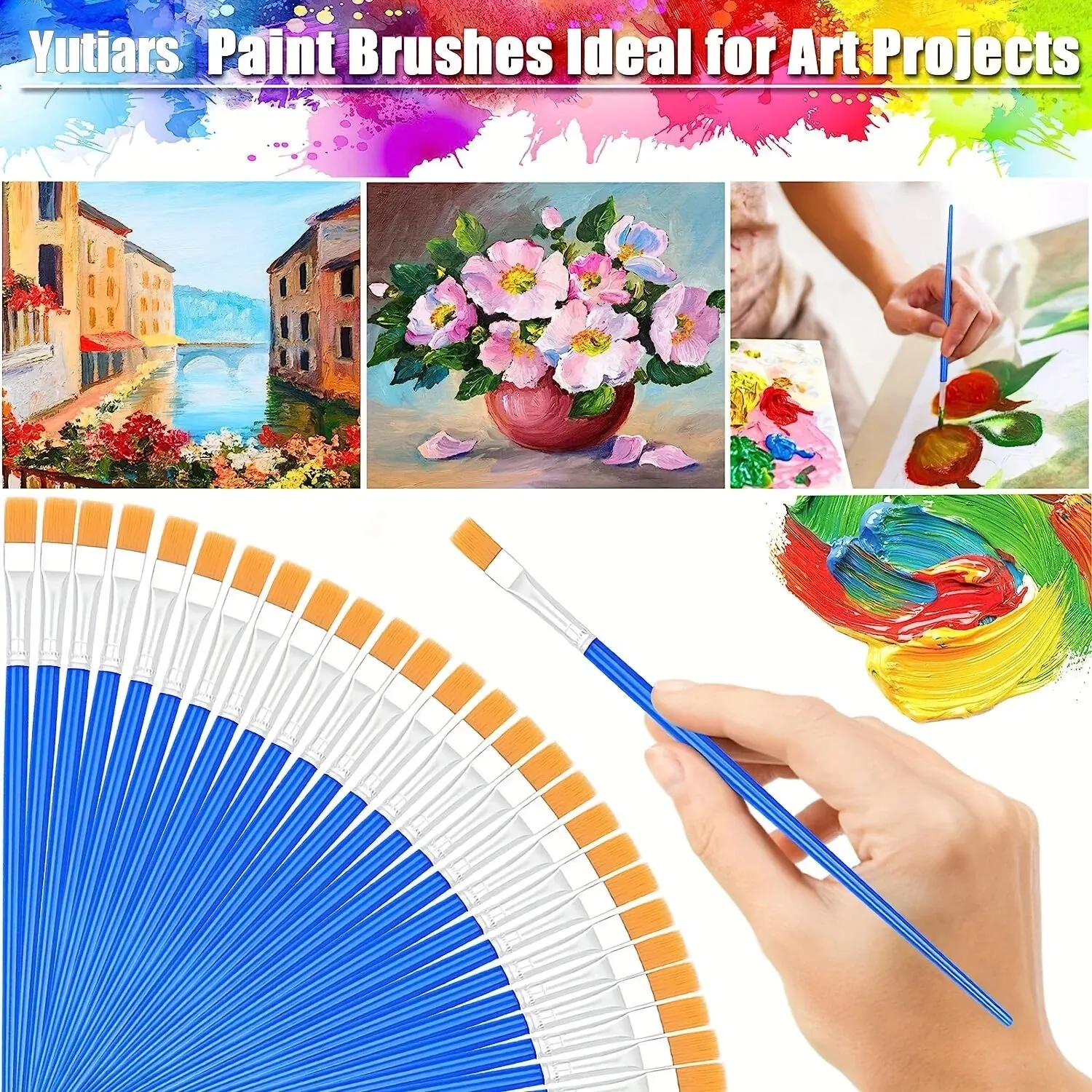 50Pcs Painting Brushes Set Art Round Flat Hair Nylon Hair Paint Brush for Oil Acrylic Watercolor Kids/Artists/Beginners/Students