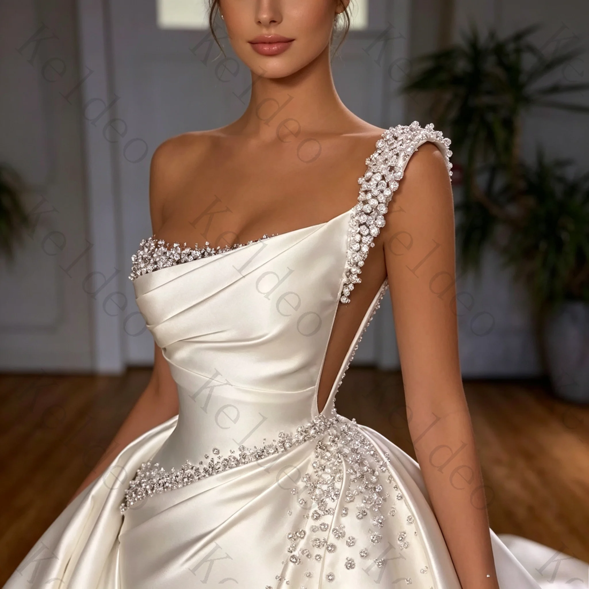 Customized 2026 Mermaid Sleeveless Wedding Dresses One Shoulder Pleated Pearl Detachable Train Open Back Floor-Length Bride Gown