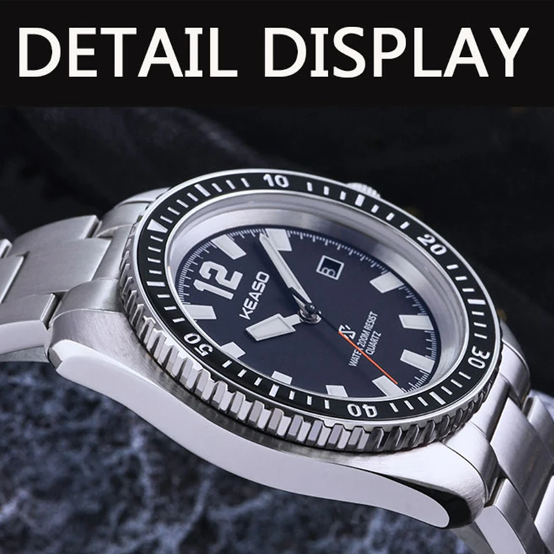 Keaso relógio de quartzo masculino, moldura de cerâmica ronda507, movimento de quartzo 200m, à prova d'água c3, safira luminosa, aço 316l, relógio de mergulho para homens