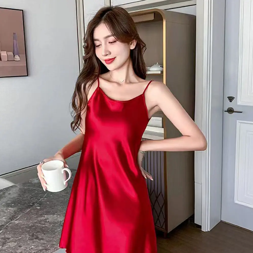 

Повседневная сексуальная домашняя одежда, пижамы, однотонная ночная рубашка на подтяжках, ночная рубашка на бретельках, женская одежда для сна из ледяного шелка