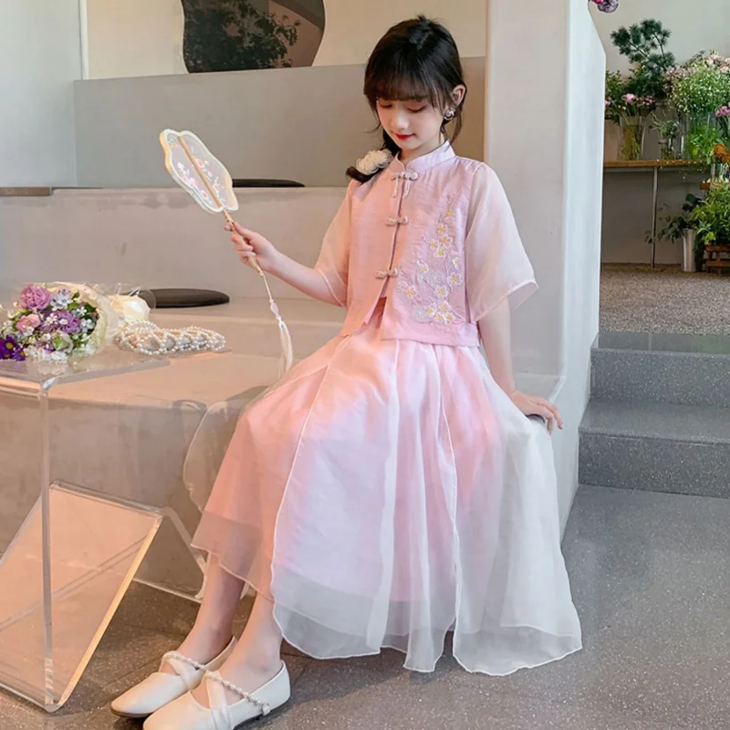 

Girls' Hanfu Dress New Style Children's Summer Outfit Chinese Style Qipao Dress Girls' Summer National Style Skirt Set