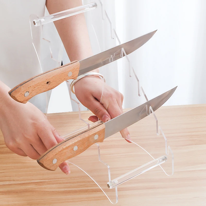 Kitchen Transparent Acrylic Stainless Steel Knife Kitchen Knife Storage Rack Fruit Folding Knife Holder Base