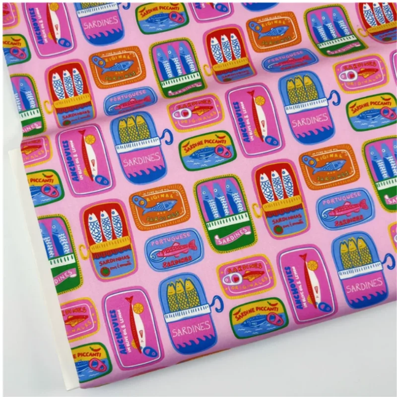 Pink Bottom Canned Fish Print Pure Cotton Poplin Thin Fabric, Handmade DIY Decoration Garment Dress Sewing Cloth,  M236