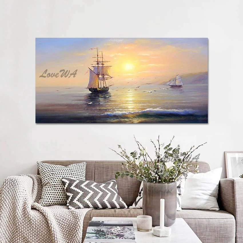 

3d Picture Beautiful Scenery Sunset Abstract Wall Art Easy Canvas Painting Unframed Large Seascapes With Boats Modern Painting