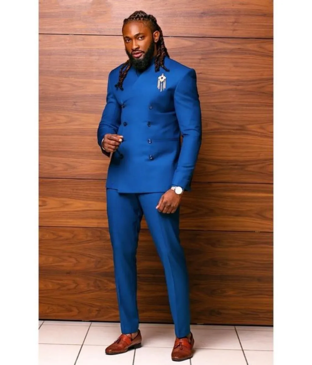 Africa Royal Blue Men Suits 2 Pieces Double Breasted No Lapel Trajes De Boda Para Hombre Modern Mens Clothes Coat+Pants