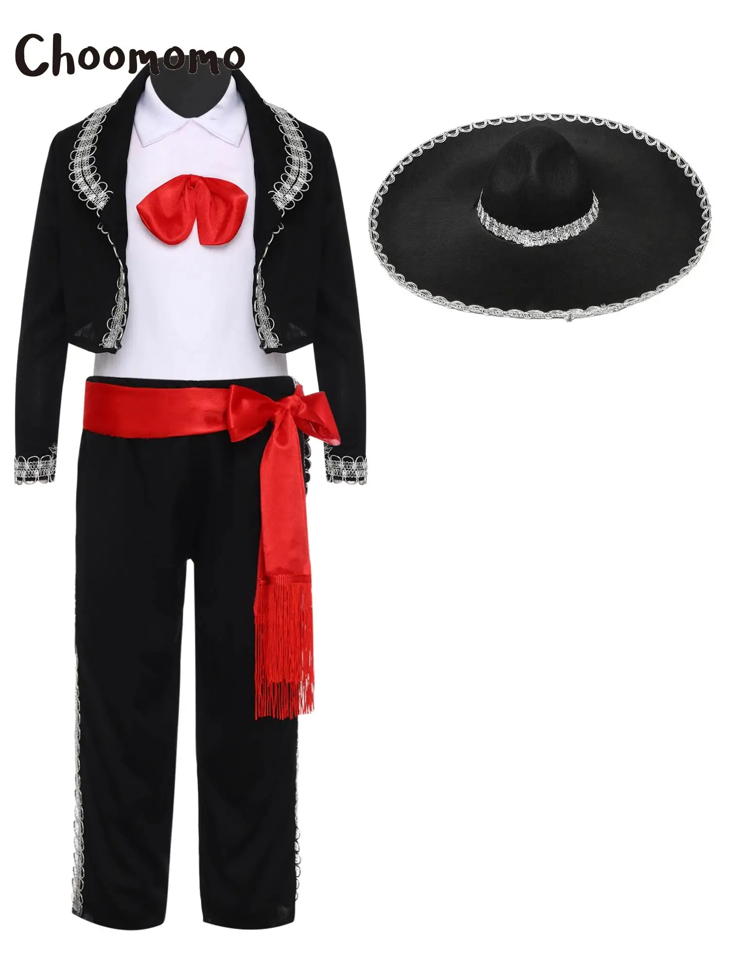 

Unisex Girls Boys Mariachi Dress Up Mexican Performance Costume Halloween Mexican Cosplay Vest Pants Jacket Waistband Hat Suits
