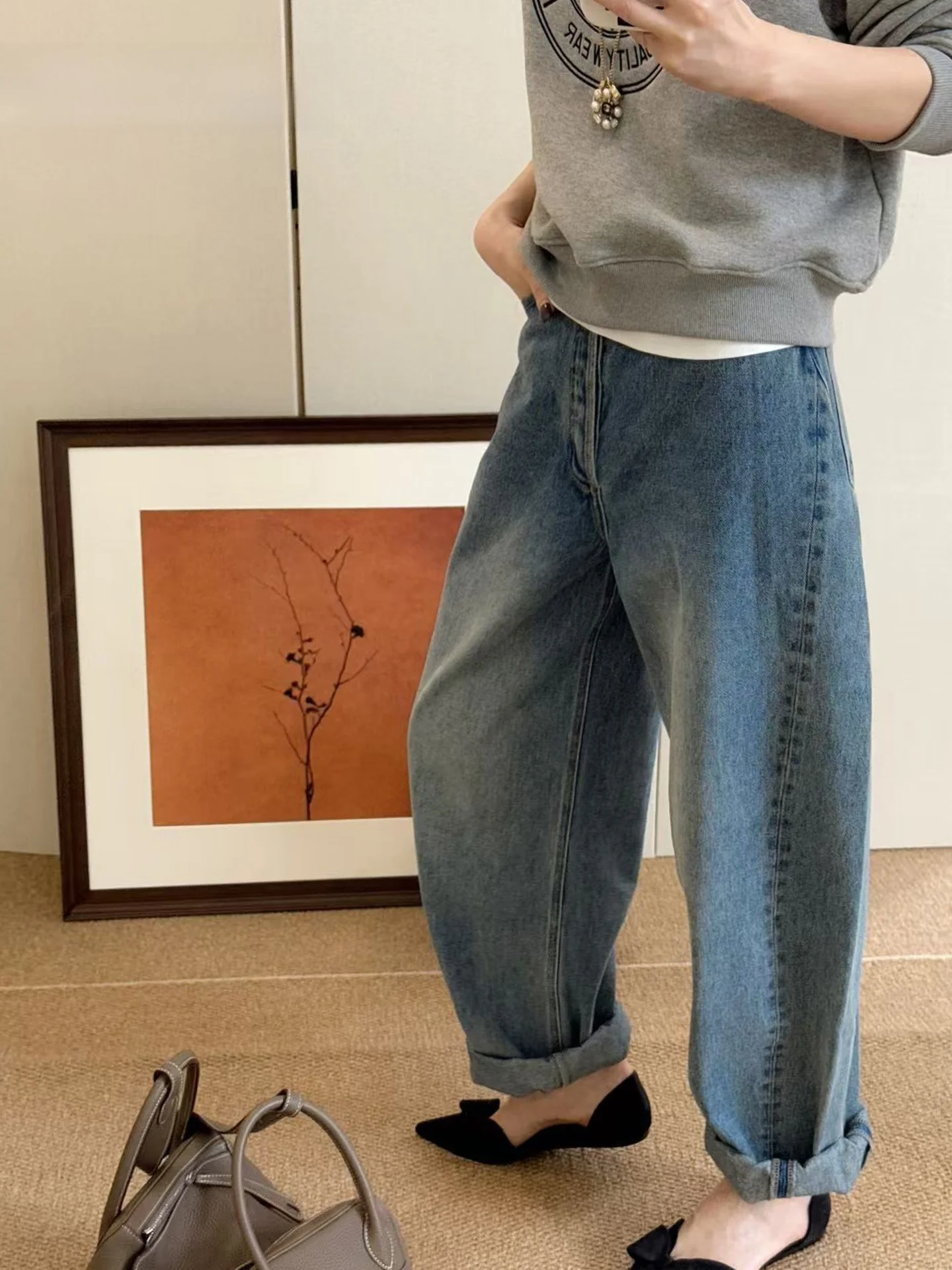 

Странные свободные регулируемые манжеты, джинсы в форме ножа, хлопковые повседневные брюки с высокой талией на молнии, осенние женские брюки