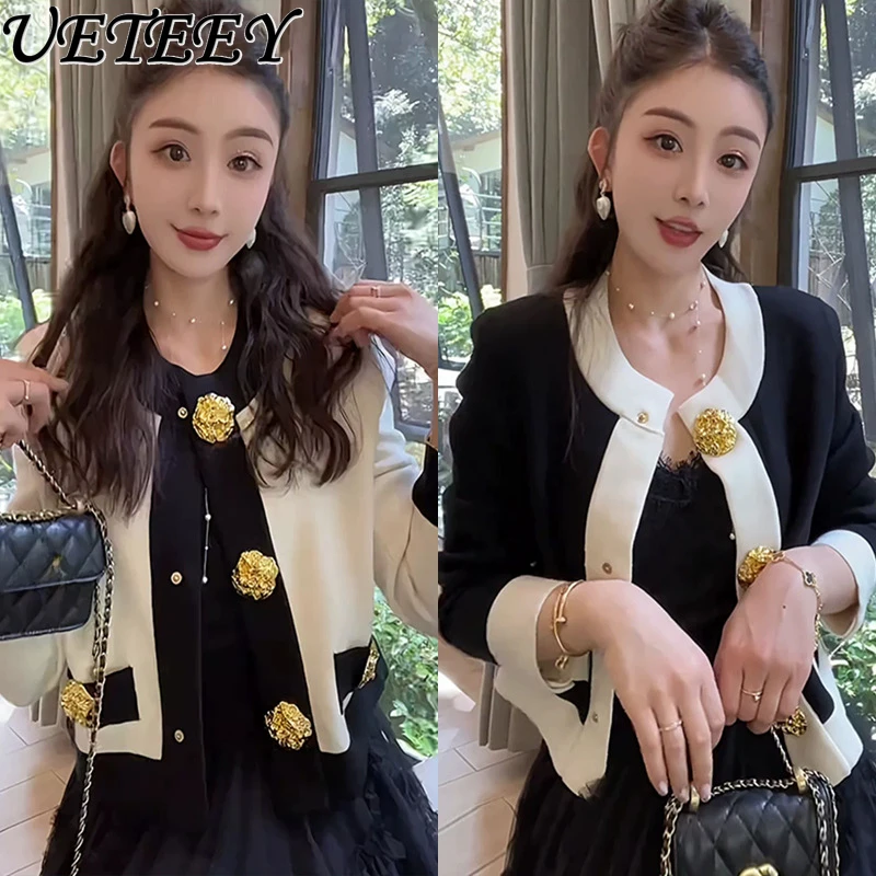 French Celebrity Luxury Gold Buckle Contrasting Color Sweater Round Neck Temperament Fashion Elegant Versatile Knitted Cardigan