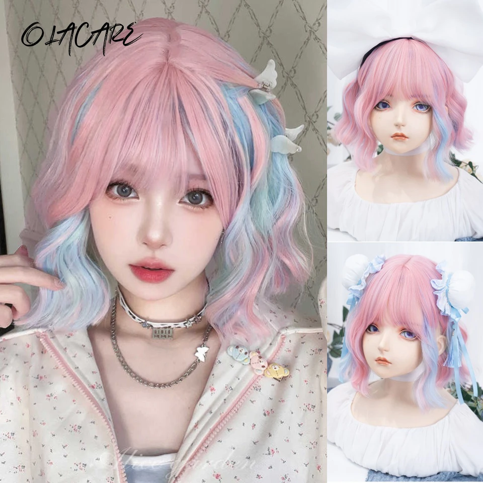 OLACARE Pink Blue Purple Short Curly Bob Synthetic Wigs with Bangs Lolita Cosplay Wigs for Women Daily Party Heat Resistant