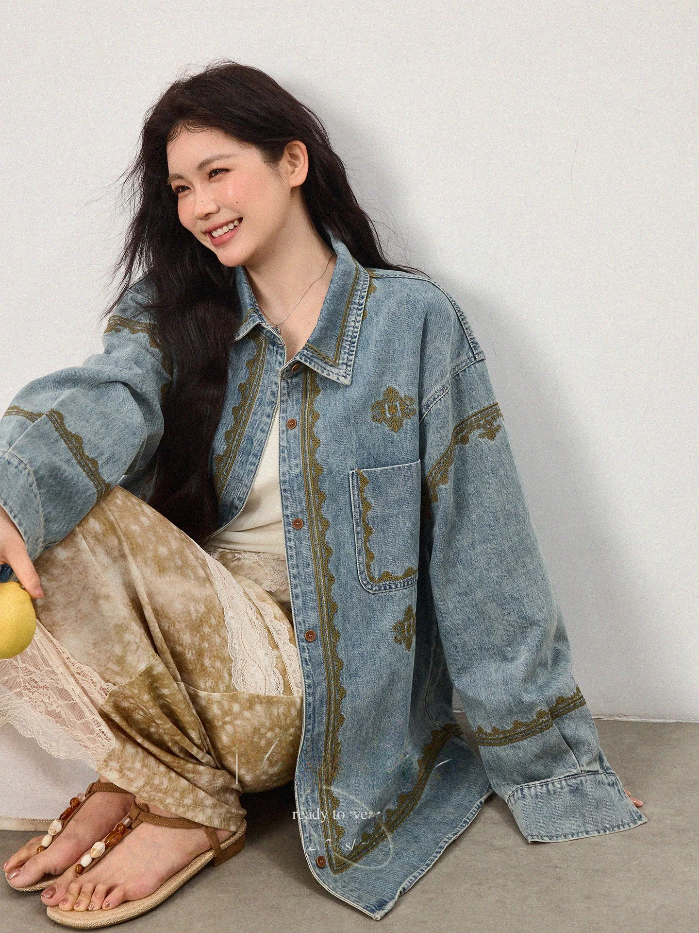 

Monica Large Size Retro Washed Embroidered Denim Shirt Women's Loose Slimming Top Fashionable Vintage Style Long Sleeve Cotton