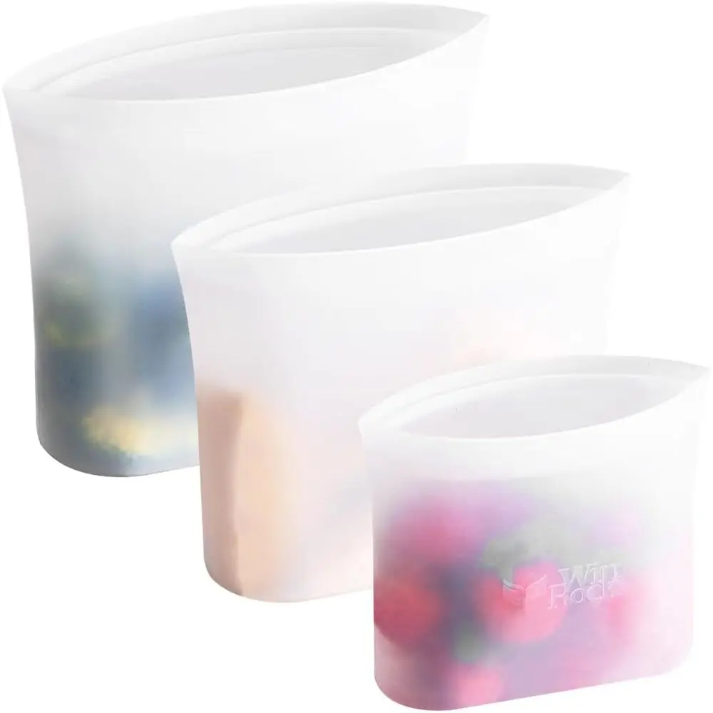 Silicone Food Storage Bags - 3 Pack: 51oz, 34oz, 17oz - Stand Up Zip, Microwave Safe, BPA Free