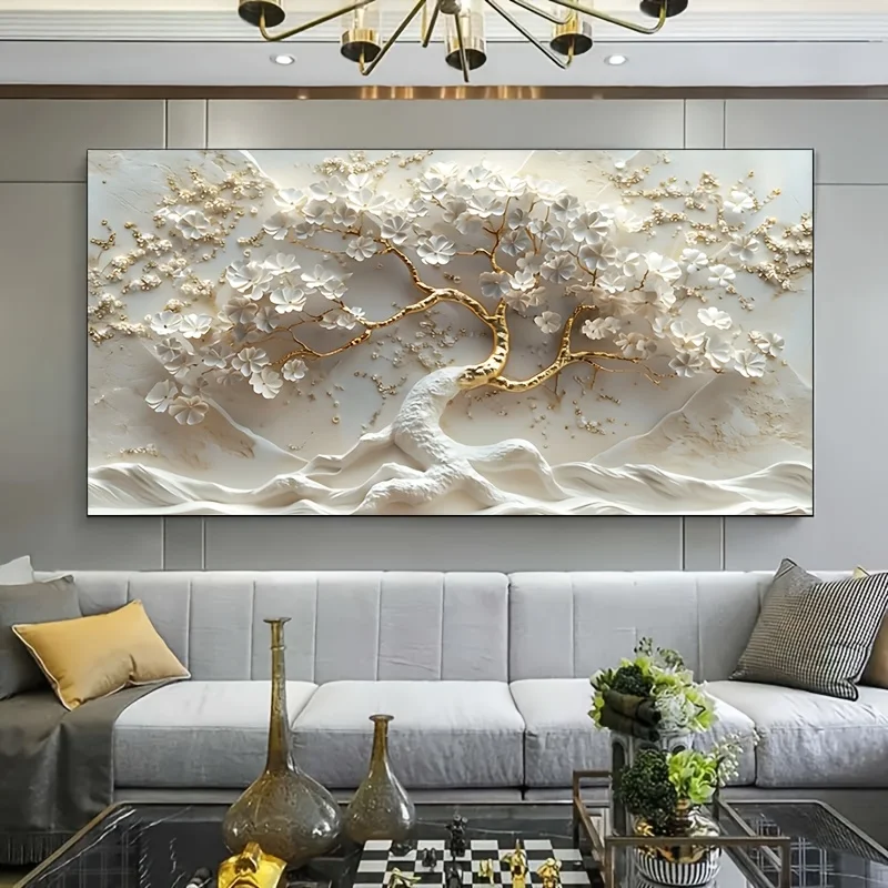 

Golden White Flower Tree Poster and Prints Abstract Canvas Painting Wall Art Pictures for Living Room Home Decor No Frame