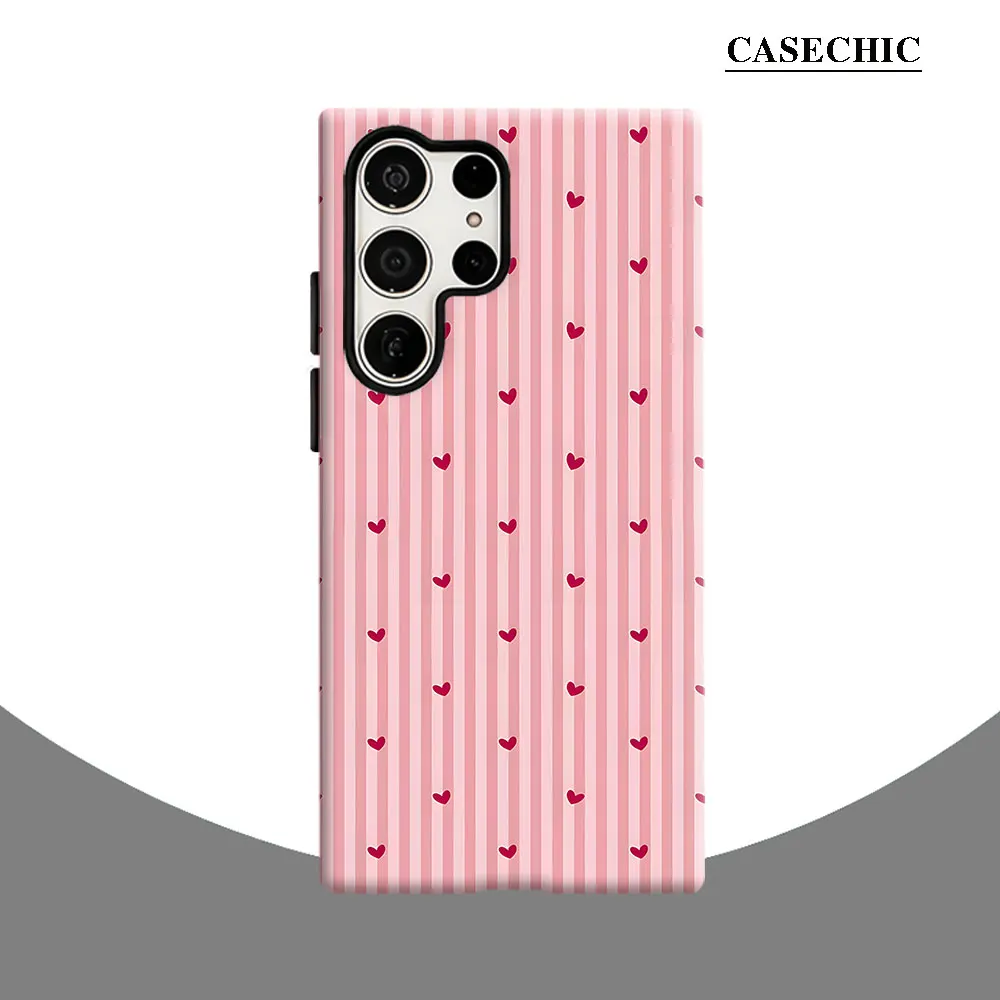 Pink Stripe Heart Phone Case for Samsung Galaxy S26 S25 Ultra S24 S23 Ultra Plus Shockproof Double layer tough Back Cover