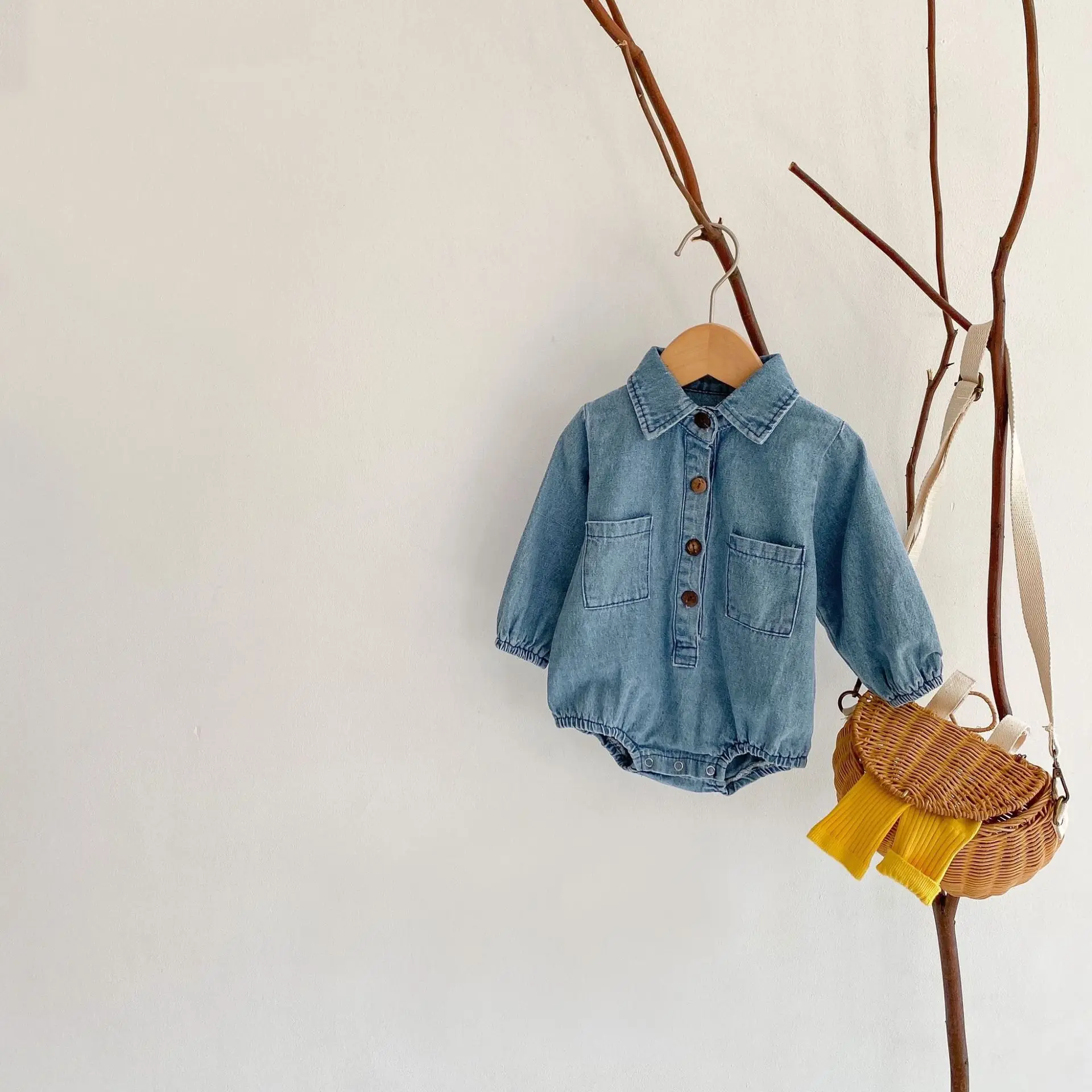 Spring Clothing, Baby Girl, Baby's Hundred Day Outfit, Denim Long Sleeved Hoodie, One-Piece Hoodie, Triangle Climbing Suit, Loos