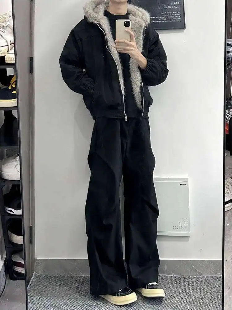 

Cleanfit Bla Pleated Flared Men's Autumn Winter Straight Leg Fce Lined Wide Leg Casual Long Pants Loose Fit mid Waist