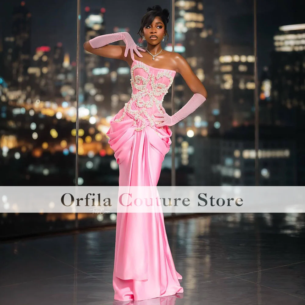 Elegant Pink Evening Dresses For Special Occasions Pearls Strapless Mermaid Prom Gowns Satin Party Dress De Fiesta Customized