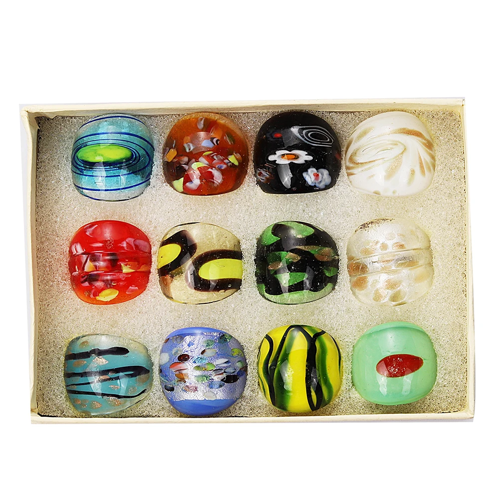 Wholesale Lots 12Pcs Summer Mixed Styles Murano Glass Lampwork Ring Birthday Men Women\'s Wedding Party Valentine Fashion Jewelry