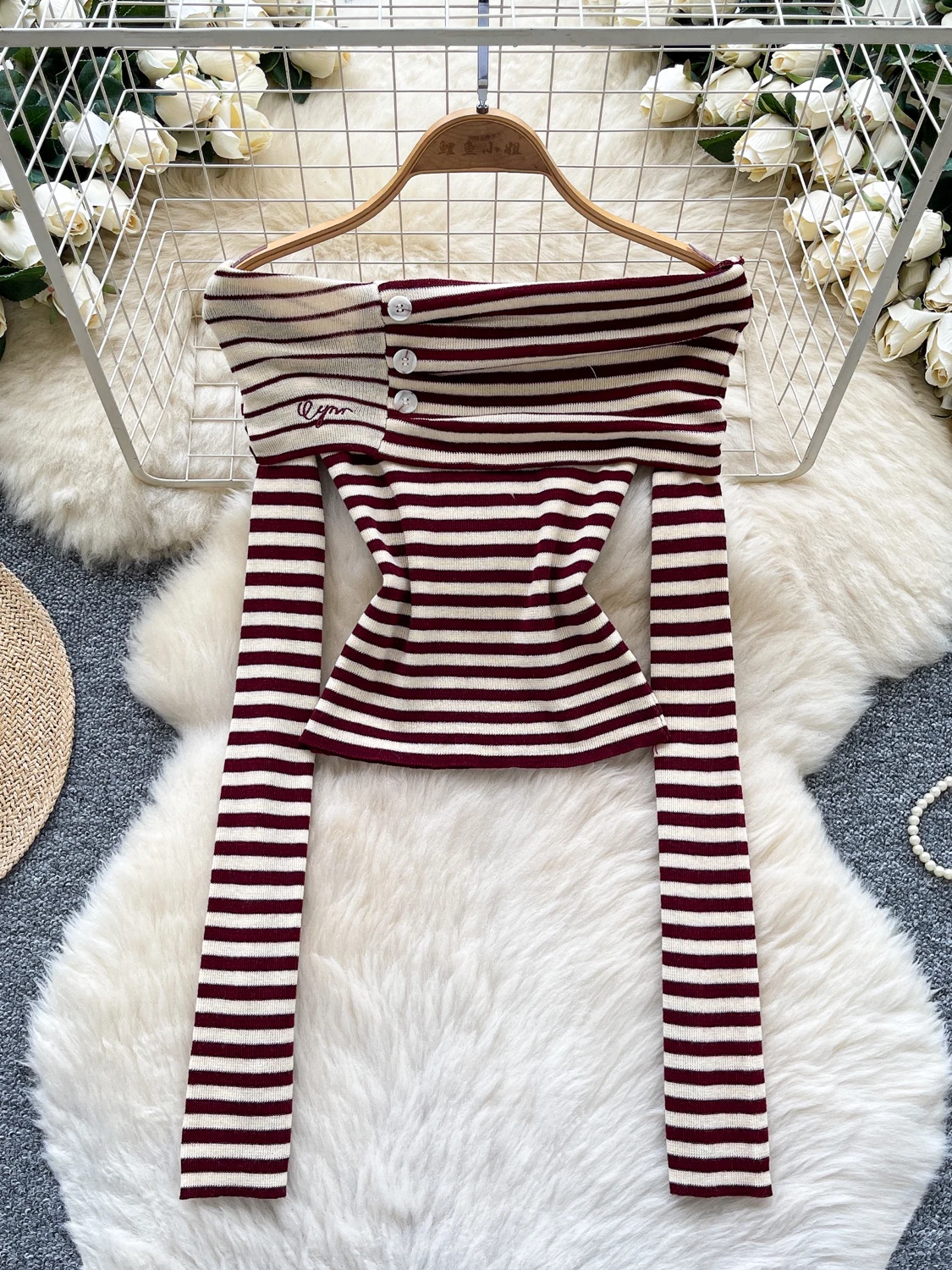 

American Sle Pure Desire Hot Girl Color Blo Striped One oulder Long Sve Knitted Slim Fit Belly Button Exposure Top f...