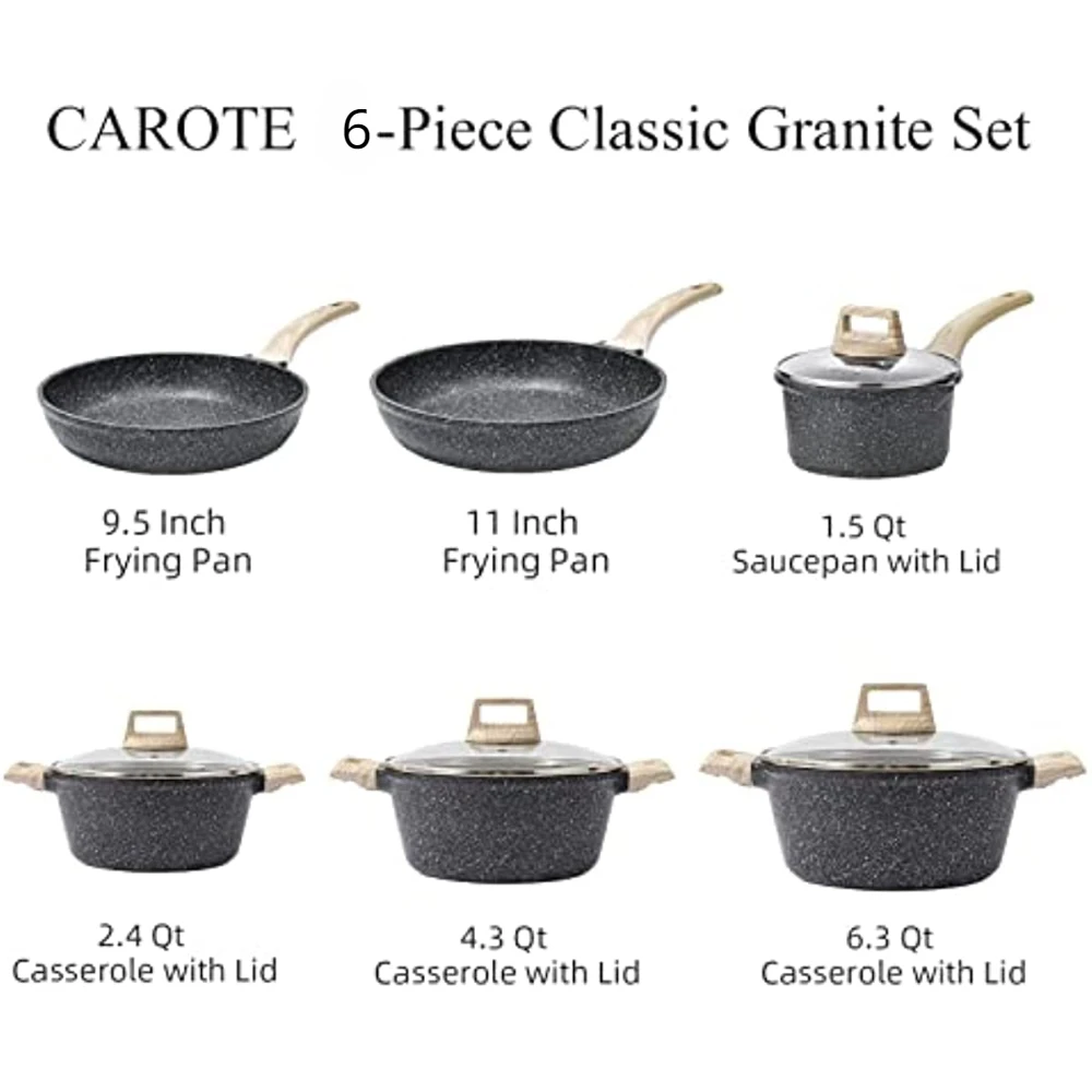 For CAROTE Nonstick Granite Cookware Sets, 6 Pcs Pots and Pans Set, Non Stick Stone Kitchen Cookware Set with Frying Pans