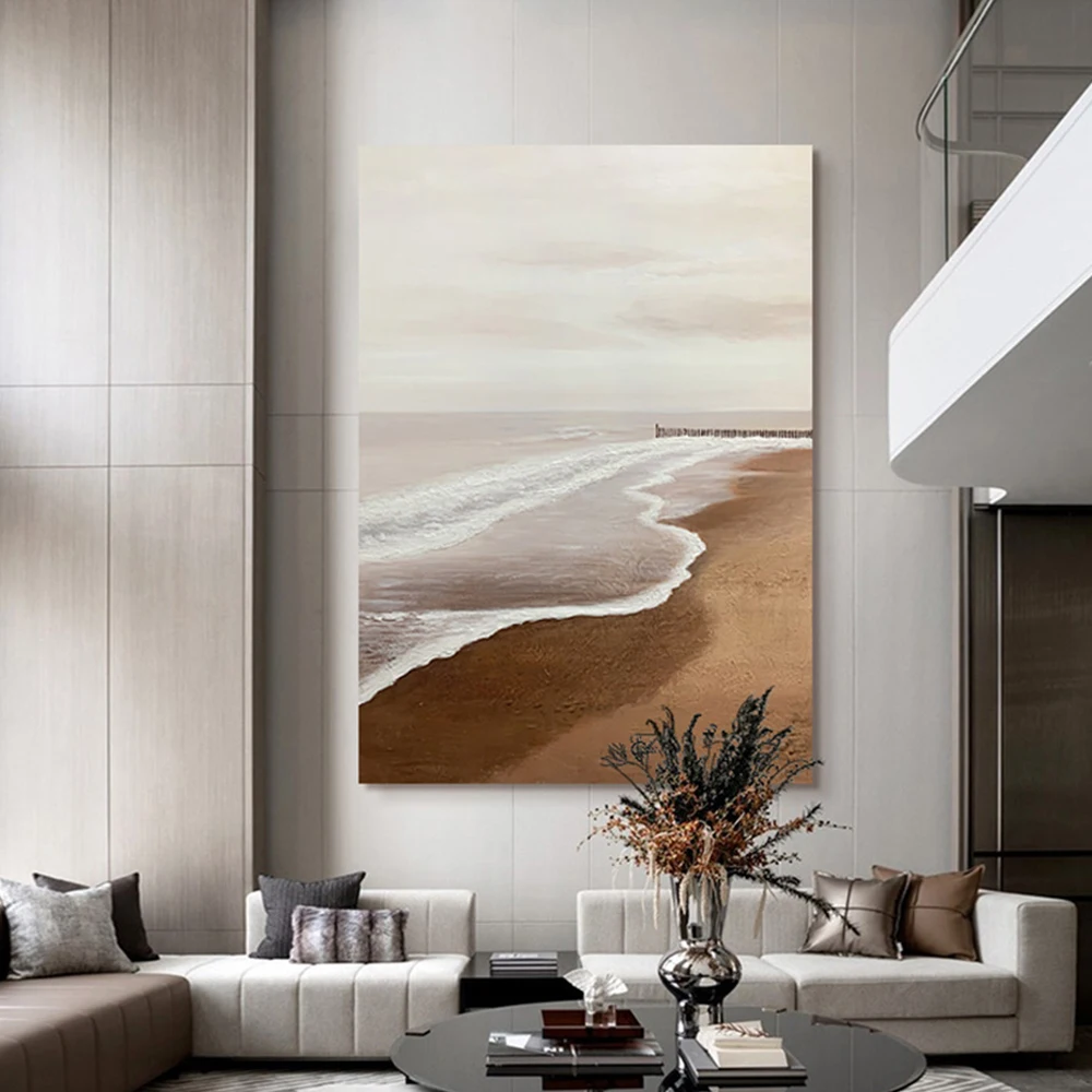 

Hand-Painted Sea Waves Beach Oil Painting Abstract Landscape Painting White Brown Texture Canvas Painting For Living Room Decor