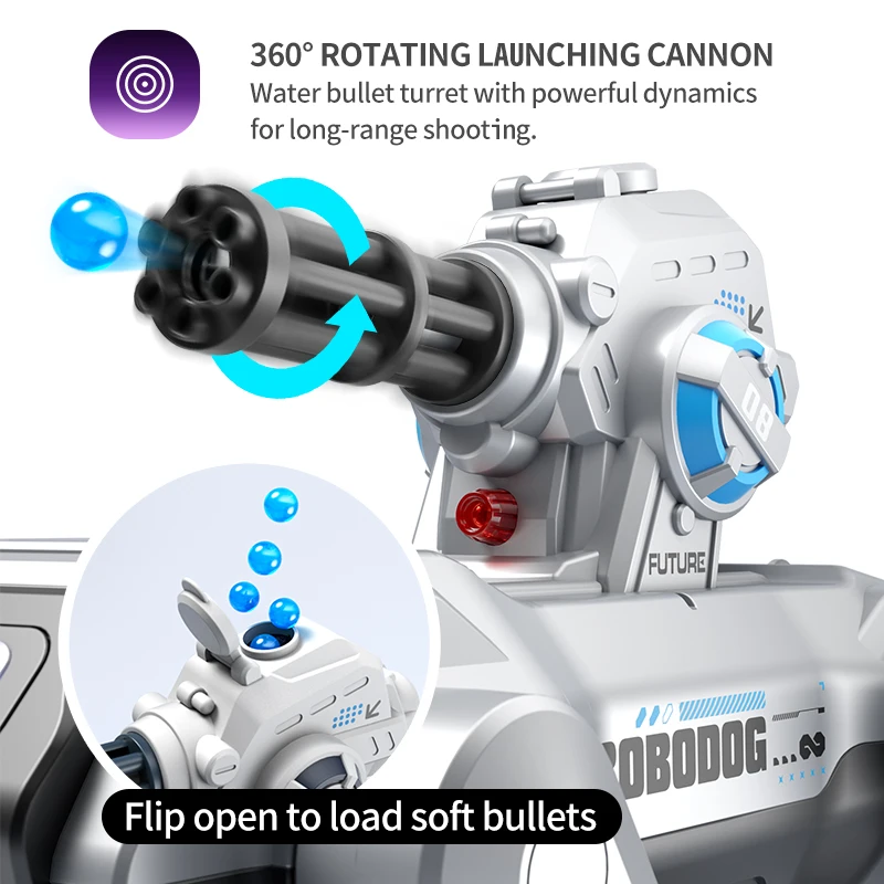 Novo gesto de cachorro robô AI RC e controle de voz, 360 °   Lançador giratório de bala de água, luzes LED e música, melhor presente para crianças