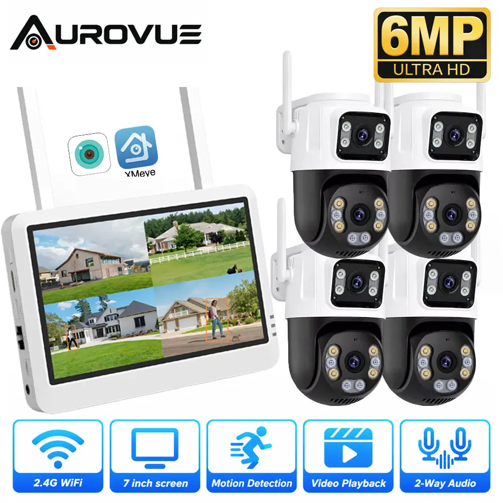 Image of 6MP Dual-Linsen-WLAN-Sicherheitskamerasystem 8CH NVR-Kit 7-Zoll-Bildschirm 4 Stück Outdoor-PTZ-Kameras 355 ° Herr 90 ° Neigbare Kamera mit Zwei-Wege-Audio, Bewegungserkennung, KI-gestützter