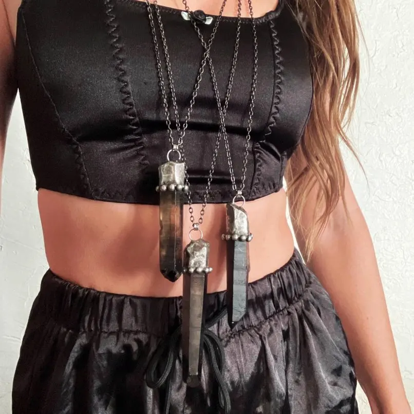 Vintage Smoky Morion Crystal Free Form Necklace Handmade Soldered Antique Silver Plated Jewelry For Women