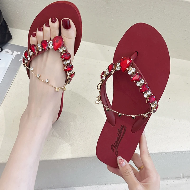 Fashion Summer Women Slippers Beach Vacation Flip Flops With Charms Sides Sandals 1.5 CM Flat With Soft Casual Shoes For Female