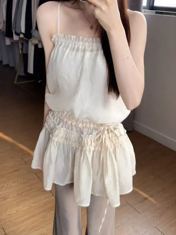 

Gentle Girl Sensation Wood Grain V-neck Strap Top Women Spring Summer Pleated Waist Slimming Versatile Small Shirt