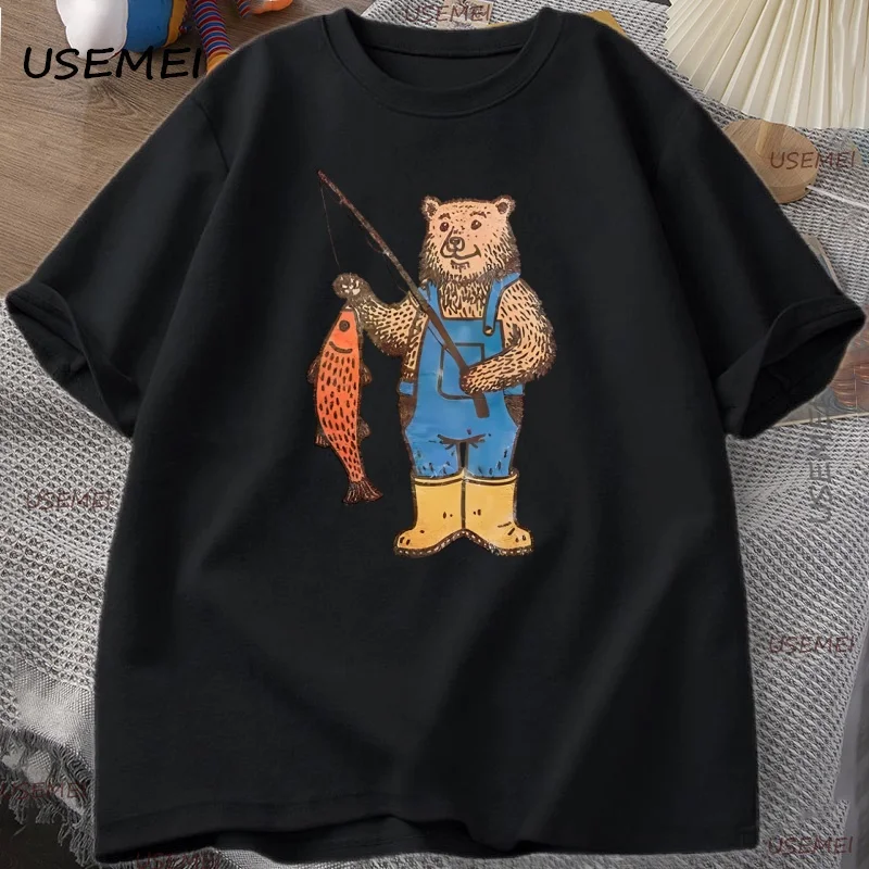 Bear Fishing T Shirt Graphic Tee for Men Women Vintage Nature Lover Gift for Fisherman T-shirt Cotton Short Sleeve Tees Clothes