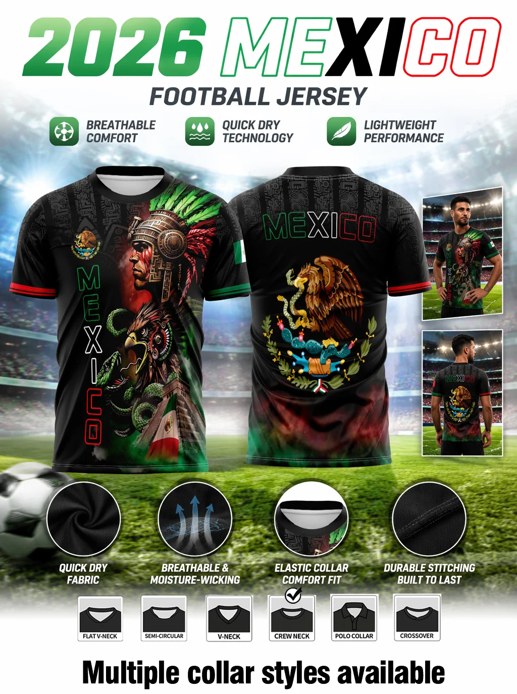 Mexico themed football jersey,vintage tribal full print,large back eagle crest,moisture‑wicking fabric,athletic fit