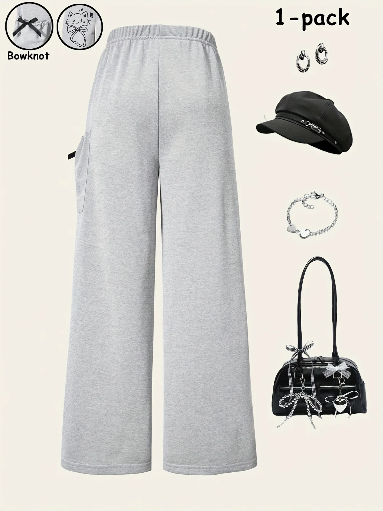 Kawaii-Jogginghose für Teenager-Mädchen, Cartoon-Katzen-Schleifen-Stern-Muster, elastische Taille, Cargo-Hose mit weitem Bein für den täglichen Street-Shooting-Einsatz – Detail 3