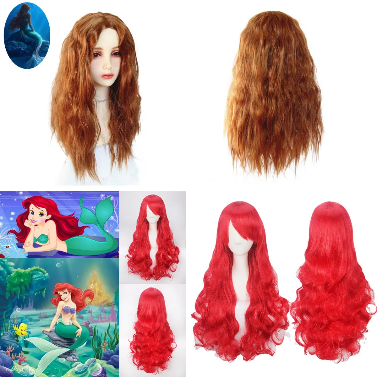 The Little Mermaid Deep Red Brown Long Wig Synthetic Hair Curly Cosplay Wigs Princess Ariel Wig Role Play Costume