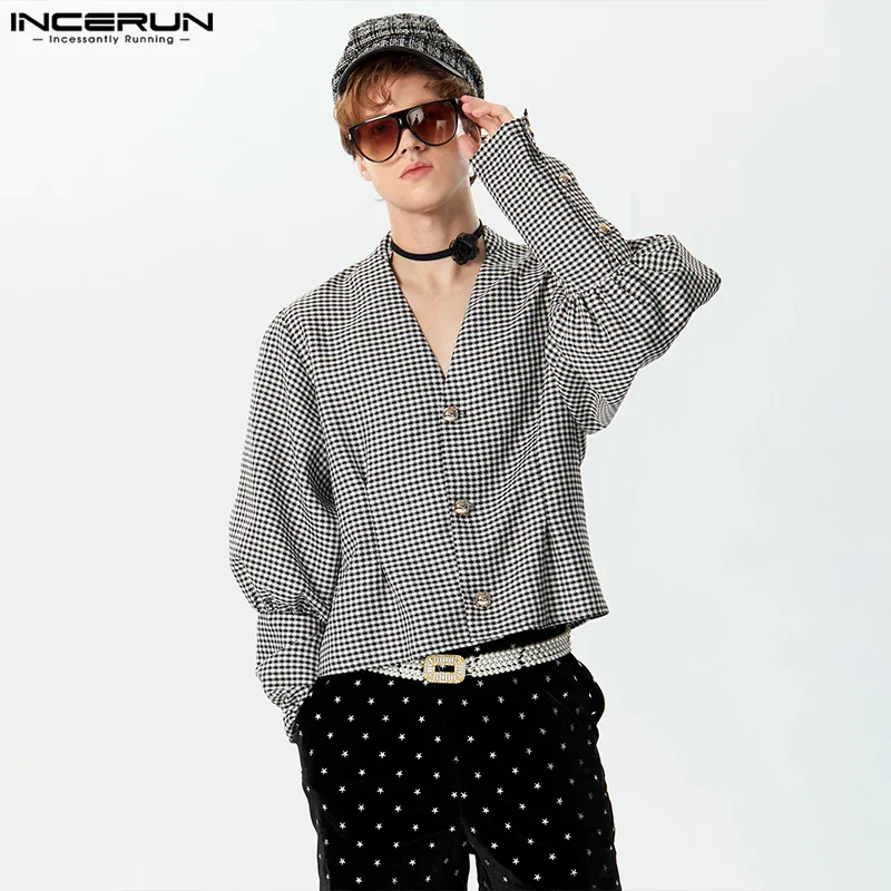 

Handsome Well Fitting Tops INCERUN New Mens Bishop Sleeve V-neck Plaid Shirts Casual Stylish Male Long Sleeved Blouse S-5XL 2024