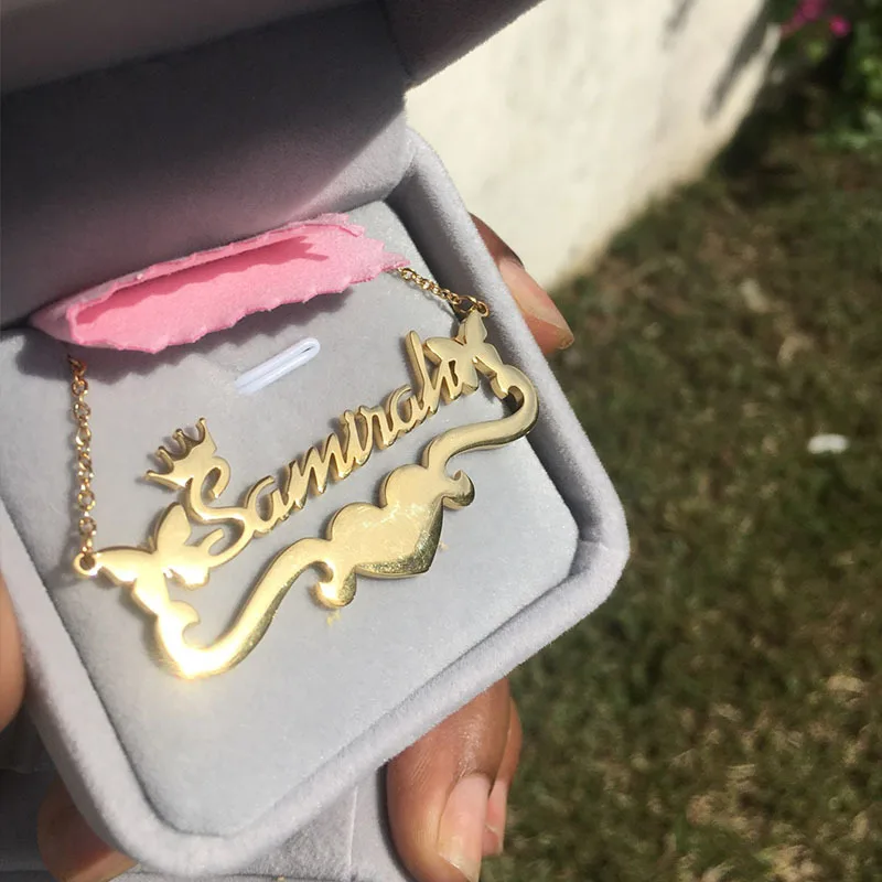 2023 Fashion Personalized Diy Custom Love Butterfiy Crown Necklace Custom Gold Heart Name Necklace For Women Jewelry Gifts